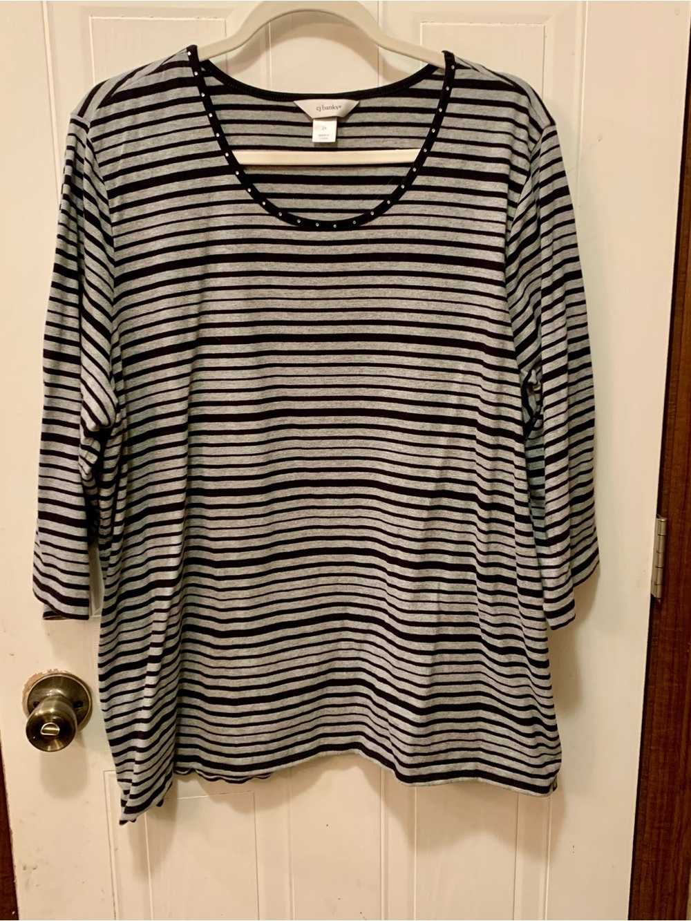 CJ Banks Striped 3/4 Sleeve Top Grey Black rhinestone 2X